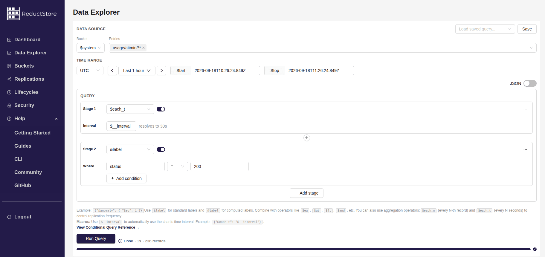 ReductStore Web Console with Data Explorer